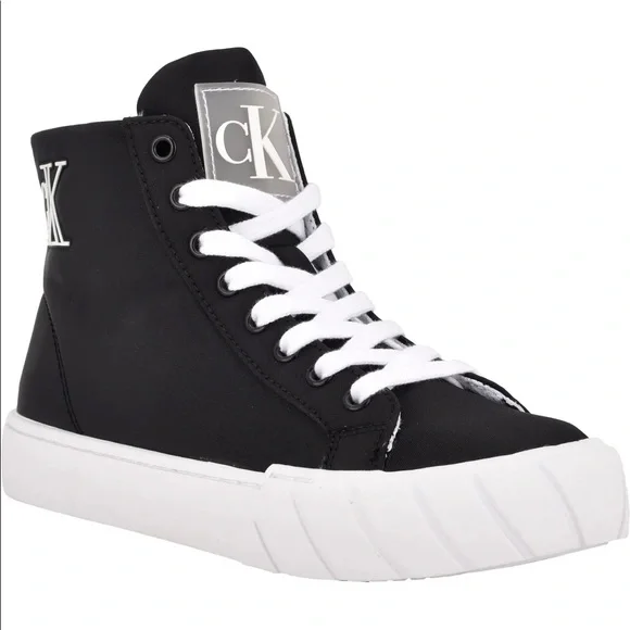 Calvin Klein Black and White Logo High Top Fashion Sneakers - Picture 4 of 5